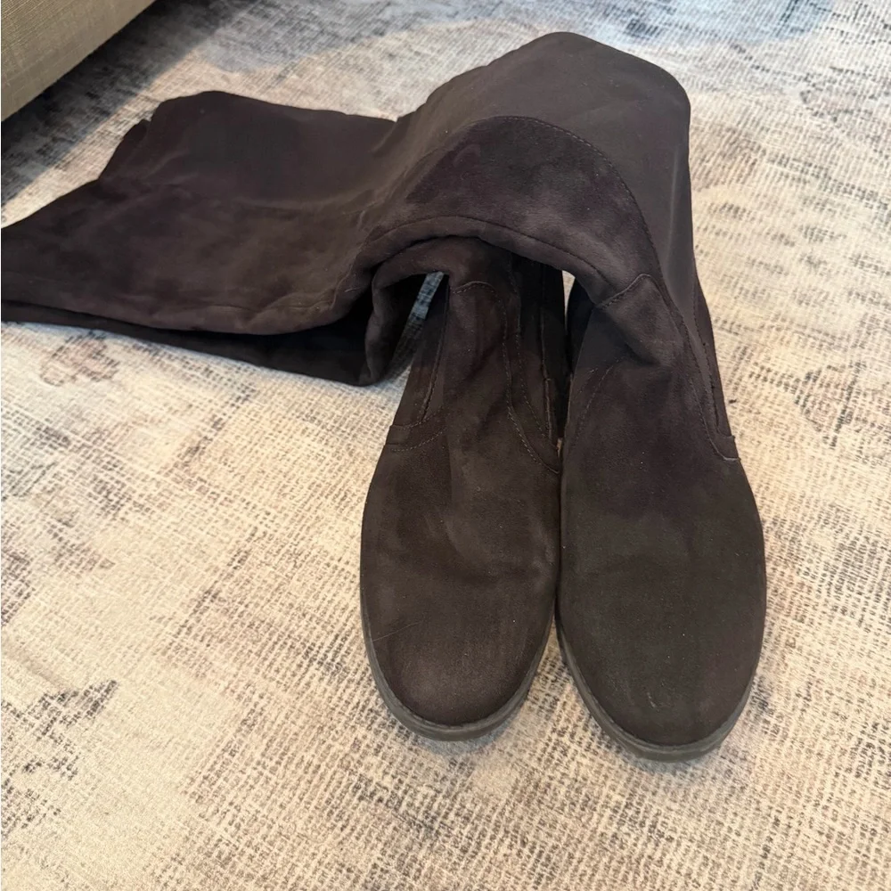 AUDREY BROOKE TAMELA OTK BOOTS 7.5 DARK BROWN SUEDE AND STRETCH 50/50 ($179)